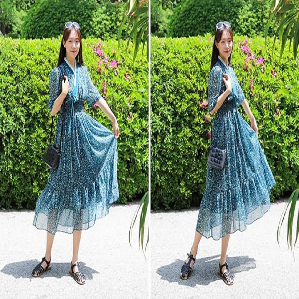 LEESLE Ylang Summer Chiffon Short Sleeves Women Hanbok Long Dress