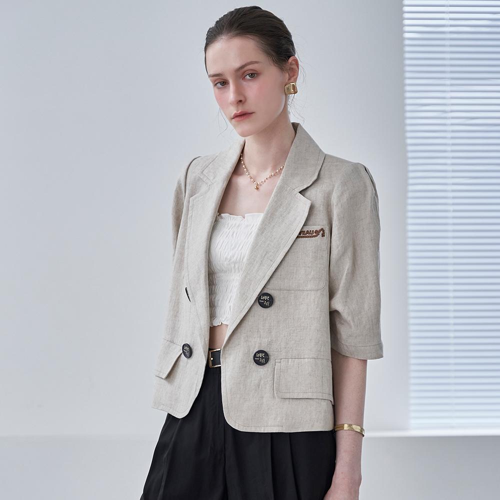 Linen Embroidered Volume-Sleeve Short Jacket